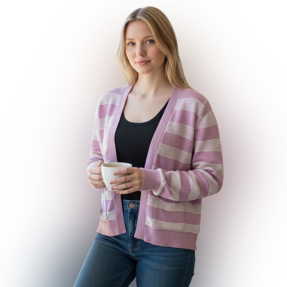 Max Studio Pink and White Striped Cardigan